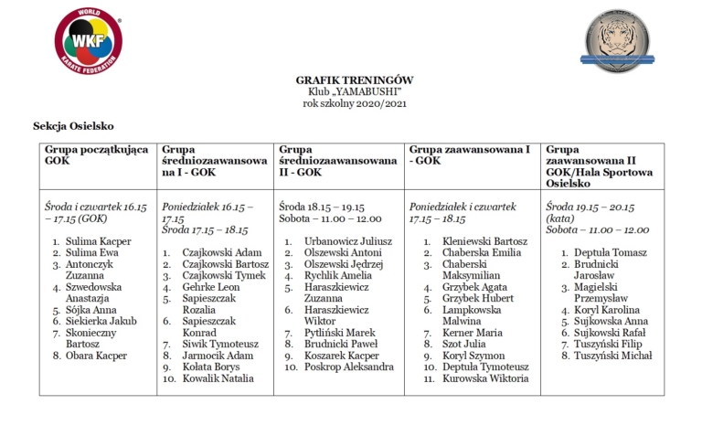 Grafik Treningów Sekcja Osielsko wrzesień 2020-2021