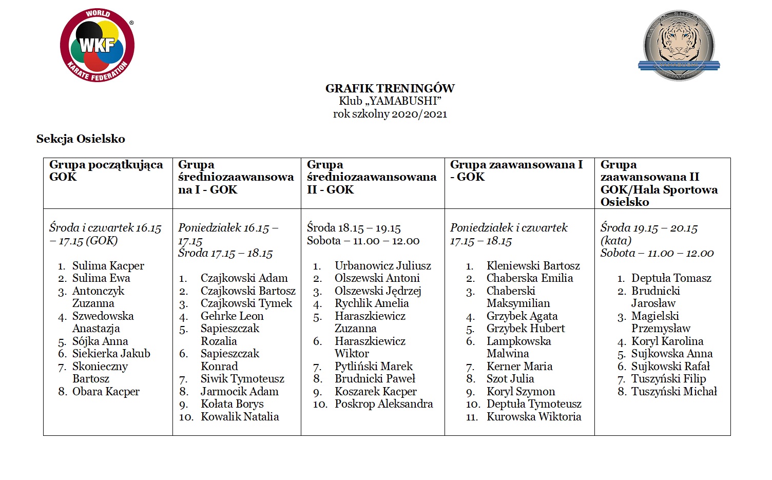 GRAFIK TRENINGÓW 2020-2021 - Sekcja Osielsko